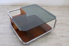 Bauhaus Style Walnut Glass and Chrome Square Coffee Table 1970s - 3914252