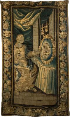 Belgian 17th Century Woven Tapestry of a Lady and Mirror - 4631624