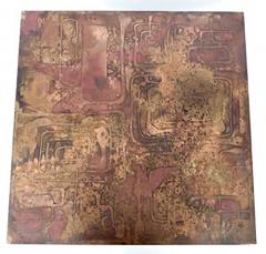 Belgian Coffee Table with Etched Copper and Brass Abstract Relief Signed Poolkes - 433698