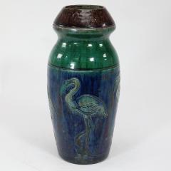 Belgium Art Pottery Tall ceramic Arts Crafts vase decorated with 5 Flamingos  - 4189395