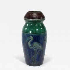 Belgium Art Pottery Tall ceramic Arts Crafts vase decorated with 5 Flamingos  - 4232829