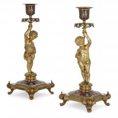 Belle poque period gilt bronze and enamel clock set - 2210774