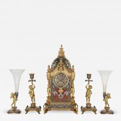 Belle poque period gilt bronze and enamel clock set - 2213550