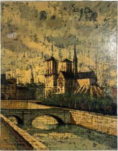 Bernard Buffet MID CENTURY FRENCH NOTRE DAME ON THE SEINE PAINTING STYLE OF BERNARD BUFFET - 4305964