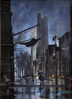 Bernard Lamotte New York City Rainy Night Street Scene in Moody Blue - 2231185