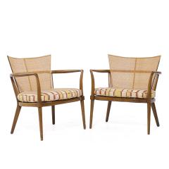 Bert England Bert England Mid Century Walnut Brass and Cane Back Lounge Chairs Pair - 3975789