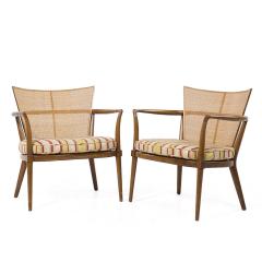 Bert England Bert England Mid Century Walnut Brass and Cane Back Lounge Chairs Pair - 3975790