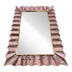 Bespoke Italian Art Deco Design Ruffled Silver Pink Murano Glass Brass Mirror - 1498368