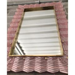 Bespoke Italian Art Deco Design Ruffled Silver Pink Murano Glass Brass Mirror - 1498374