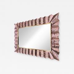 Bespoke Italian Art Deco Design Ruffled Silver Pink Murano Glass Brass Mirror - 1499018