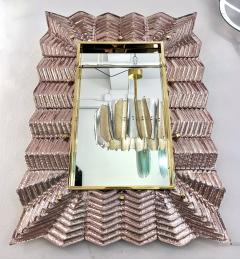 Bespoke Italian Art Deco Design Small Ruffled Pink Murano Glass Brass Mirror - 3475602