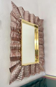 Bespoke Italian Art Deco Design Small Ruffled Pink Murano Glass Brass Mirror - 3475603
