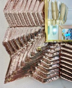 Bespoke Italian Art Deco Design Small Ruffled Pink Murano Glass Brass Mirror - 3475605