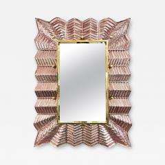 Bespoke Italian Art Deco Design Small Ruffled Pink Murano Glass Brass Mirror - 3476962