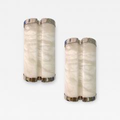 Bespoke Italian Art Deco Style Cream White Alabaster Pair Nickel Edged Sconces - 3281225