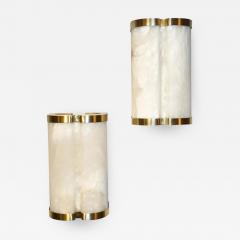 Bespoke Italian Art Deco Style Cream White Alabaster Pair of Brass Edged Sconces - 1389499