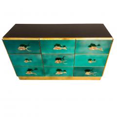 Bespoke Italian Art Design Brass Emerald Green Glass 9 Drawer Dresser Sideboard - 2391564