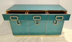 Bespoke Italian Art Design Brass Metallic Emerald Blue Glass Dresser Sideboard - 2946108