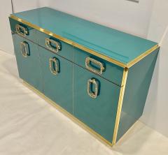 Bespoke Italian Art Design Brass Metallic Emerald Blue Glass Dresser Sideboard - 2946112