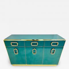 Bespoke Italian Art Design Brass Metallic Emerald Blue Glass Dresser Sideboard - 2951838