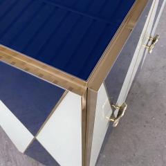 Bespoke Italian Art Design Brass White Dark Blue Glass 2 Door Highboy Cabinet - 2411375