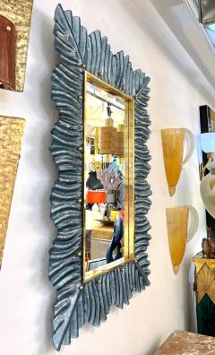 Bespoke Italian Modern Leaf Design Avio Silver Blue Murano Glass Brass Mirror - 3810066