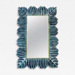 Bespoke Italian Modern Leaf Design Avio Silver Blue Murano Glass Brass Mirror - 3813524