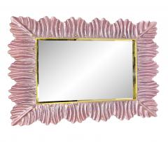 Bespoke Italian Modern Leaf Design Pearl Pink Crystal Murano Glass Brass Mirror - 3977479