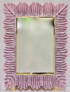 Bespoke Italian Modern Leaf Design Pearl Pink Crystal Murano Glass Brass Mirror - 3977485