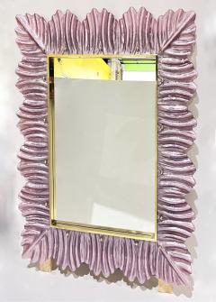 Bespoke Italian Modern Leaf Design Pearl Pink Crystal Murano Glass Brass Mirror - 3977486