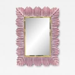 Bespoke Italian Modern Leaf Design Pearl Pink Crystal Murano Glass Brass Mirror - 3980694