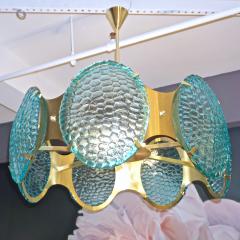 Bespoke Italian Organic Aquamarine Murano Glass Round Brass Chandelier Pendant - 1123391