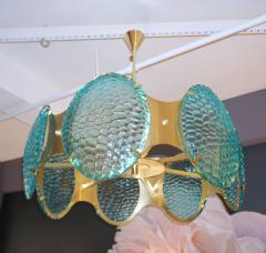 Bespoke Italian Organic Aquamarine Murano Glass Round Brass Chandelier Pendant - 1123398