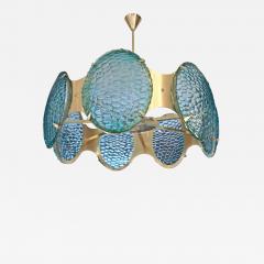 Bespoke Italian Organic Aquamarine Murano Glass Round Brass Chandelier Pendant - 1124026