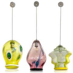 Bespoke Italian Organic Lemon Yellow White Step Tulip Murano Glass Pendant Light - 2912337