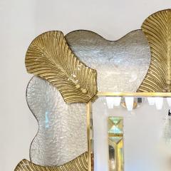 Bespoke Italian Pair of Art Deco Style Curved Leaf Murano Glass Brass Mirror - 3426118