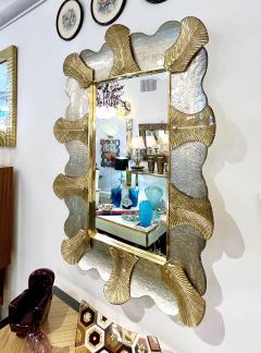 Bespoke Italian Pair of Art Deco Style Curved Leaf Murano Glass Brass Mirror - 3426119