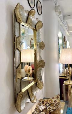 Bespoke Italian Pair of Art Deco Style Curved Leaf Murano Glass Brass Mirror - 3426120