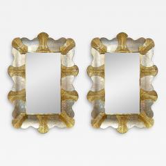 Bespoke Italian Pair of Art Deco Style Curved Leaf Murano Glass Brass Mirror - 3426407