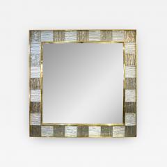 Bespoke Italian Square Silver Leaf Smoked Crystal Murano Glass Brass Tile Mirror - 1904975
