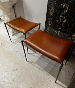 Bespoke Pair of Patinated Bronze Benches Upholstered in Leather - 4523890