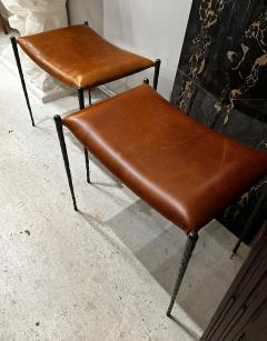 Bespoke Pair of Patinated Bronze Benches Upholstered in Leather - 4523891