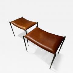 Bespoke Pair of Patinated Bronze Benches Upholstered in Leather - 4618646