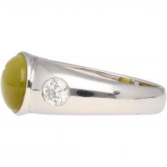 Bezel Set Chrysoberyl Cats Eye and Diamond Three Stone Ring in 18K White Gold - 3500162