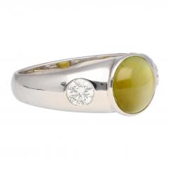 Bezel Set Chrysoberyl Cats Eye and Diamond Three Stone Ring in 18K White Gold - 3500164