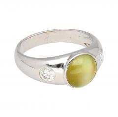 Bezel Set Chrysoberyl Cats Eye and Diamond Three Stone Ring in 18K White Gold - 3500168