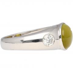 Bezel Set Chrysoberyl Cats Eye and Diamond Three Stone Ring in 18K White Gold - 3500169