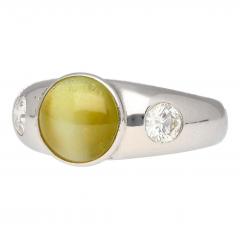 Bezel Set Chrysoberyl Cats Eye and Diamond Three Stone Ring in 18K White Gold - 3500177