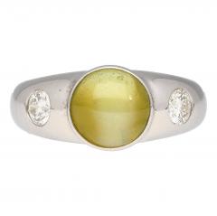 Bezel Set Chrysoberyl Cats Eye and Diamond Three Stone Ring in 18K White Gold - 3500178
