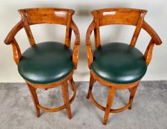 Biedermeier Style Oak Wood Swivel Bar Stool with Green Leather Seat a Pair - 3735494